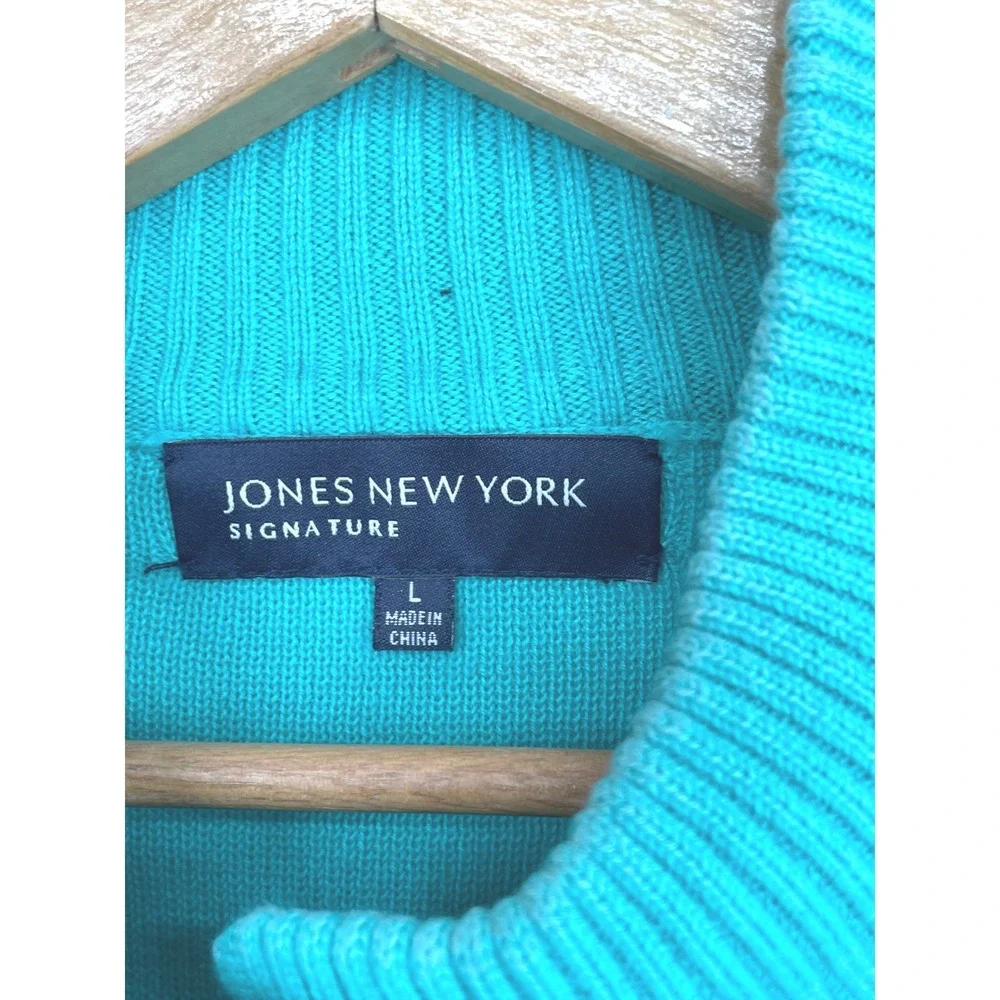 Jones New York Womens Cardigan Large Sweater Teal Green Mock Neck Preppy